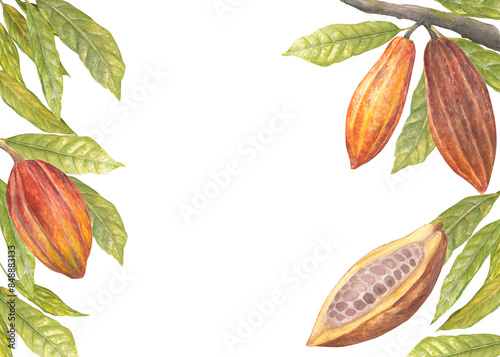 Frame with cacao fruit and leaf watercolor illustration , hand drawn. Hand drawn sketch of vegetable, leaves, flowers. Botanical drawing of tropical fruit. Engraving for food packaging design