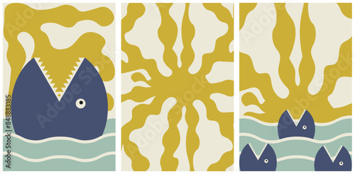 Boho Groovy fish sun beach. Surf Club summer sunny day background. Trendy retro Naive Poster cover set. Organic Shapes sun beach art. Abstract Posters collection. Vector illustration. EPS 10