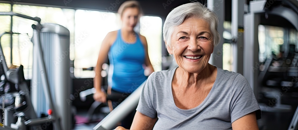 Elderly woman exercises with her trainer in the gym surrounded by equipment and copy space image for a fitness concept Elderly woman exercises with her trainer in the gym surrounded by equipment and copy space image for a fitness concept