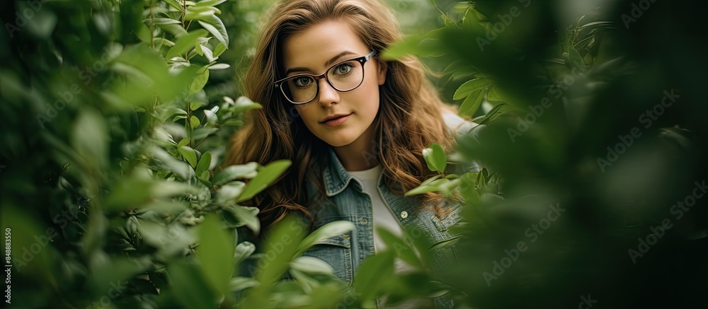 A teenage girl wearing glasses peeks over green bushes in a park The outdoor portrait captures the essence of spring and nature with a copy space image A teenage girl wearing glasses peeks over green bushes in a park The outdoor portrait captures the essence of spring and nature with a copy space image