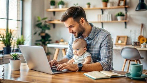 Wallpaper Mural A young father multitasking, working on a laptop while holding his baby, with a home office in the background.
 Torontodigital.ca