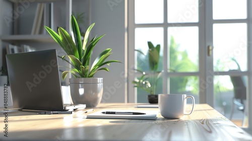 A high-resolution image of a modern office workspace with a sleek laptop, a stylish cup of coffee, a potted plant, and a notebook with a pen