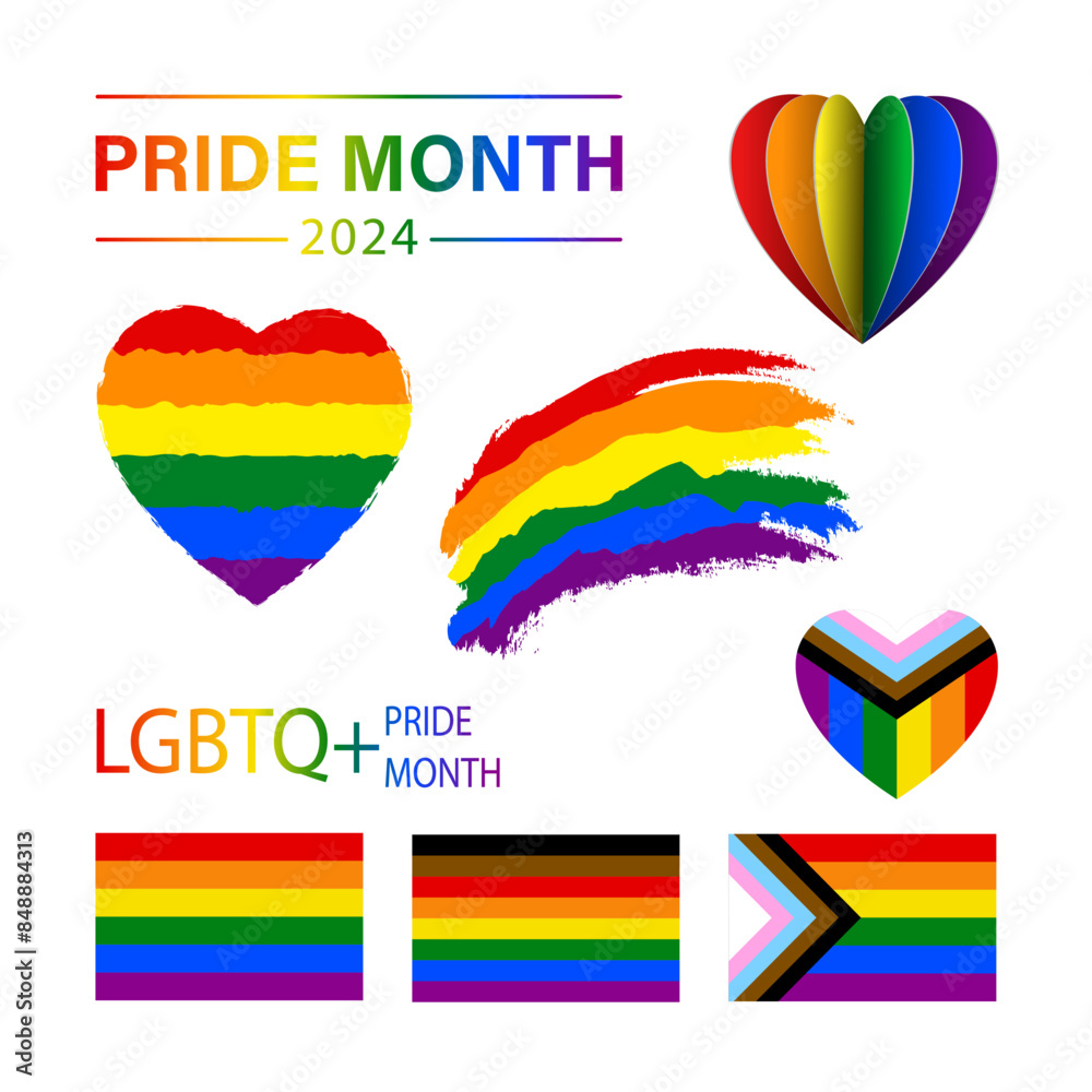 Icons set for International LGBT Pride Day. International Day Against Homophobia Transphobia and Biphobia. LGBT Pride Month illustrations LGBTQ community concept. Rainbow flags, hearts, IDAHOT concept