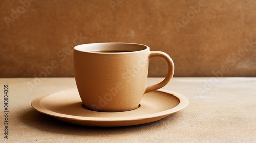 coffee mug and saucer placed on Old brown eco recycled kraft paper texture cardboard.