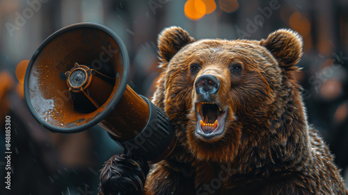 Bear roaring on a megaphone, announces the end of the bullish trend and the beginning of a bearish trend or recession in the stock and cryptocurrency market.generative ai photo