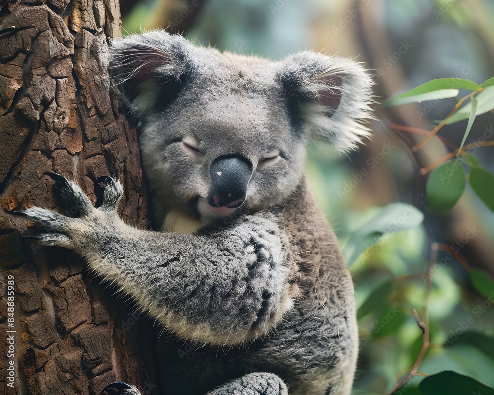 Obraz premium A Serene Koala Clinging to a Eucalyptus Tree Eyes Closed in Peaceful Sleep Wildlife Portraits Concept