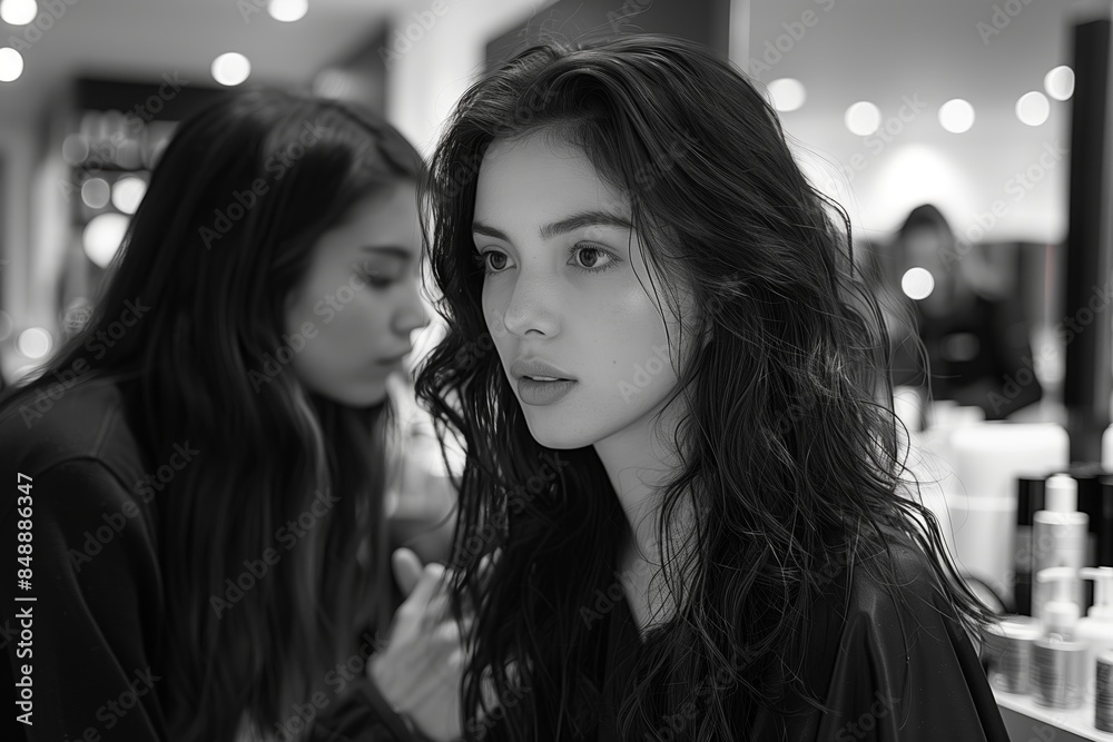Black And White Portrait Of A Woman With Long Hair In A Store Black And White Portrait Of A Woman With Long Hair In A Store