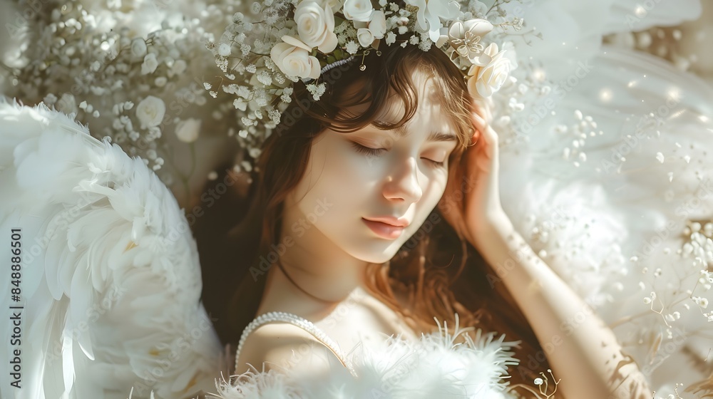 Ethereal Fairy Enchantress in Floral Crown and Flowing White Dress with Angelic Wings Ethereal Fairy Enchantress in Floral Crown and Flowing White Dress with Angelic Wings