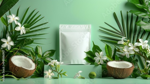 Blank White Pouch Packaging Model Surrounded by Jasmine Plants and Cut Coconut on a Platform with Light Green Background in Studio Lighting