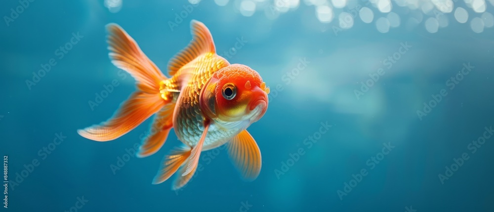 Fototapeta premium A Single Goldfish Swimming in a Blue Aquarium Tank