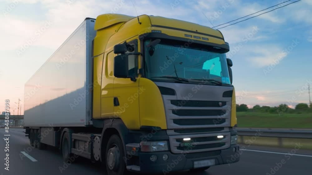 Cargo truck with copy space for advertising on white semi-trailer driving on highway, freight transport industry, logistics distribution, delivery of goods. Cargo truck with copy space for advertising on white semi-trailer driving on highway, freight transport industry, logistics distribution, delivery of goods.
