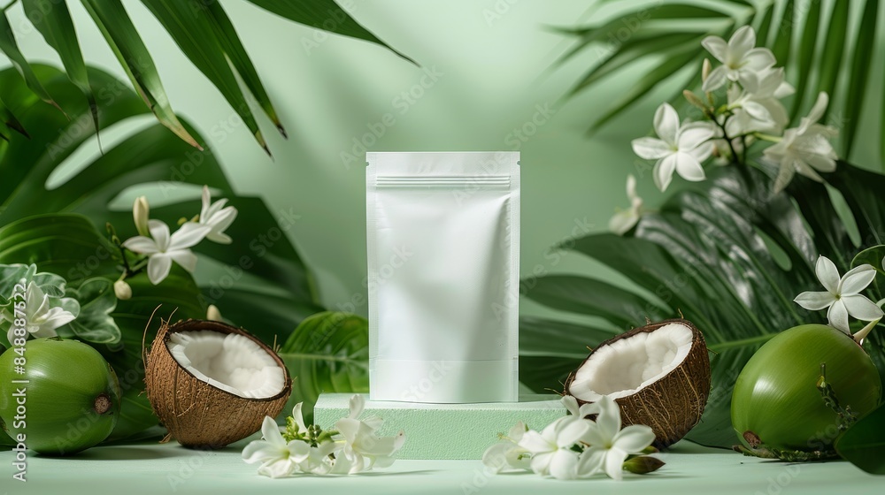 Blank White Pouch Packaging Model Surrounded by Jasmine Plants and Cut Coconut on a Platform with Light Green Background in Studio Lighting Blank White Pouch Packaging Model Surrounded by Jasmine Plants and Cut Coconut on a Platform with Light Green Background in Studio Lighting