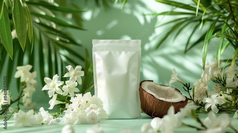 Blank White Pouch Packaging Model Surrounded by Jasmine Plants and Cut Coconut on a Platform with Light Green Background in Studio Lighting Blank White Pouch Packaging Model Surrounded by Jasmine Plants and Cut Coconut on a Platform with Light Green Background in Studio Lighting