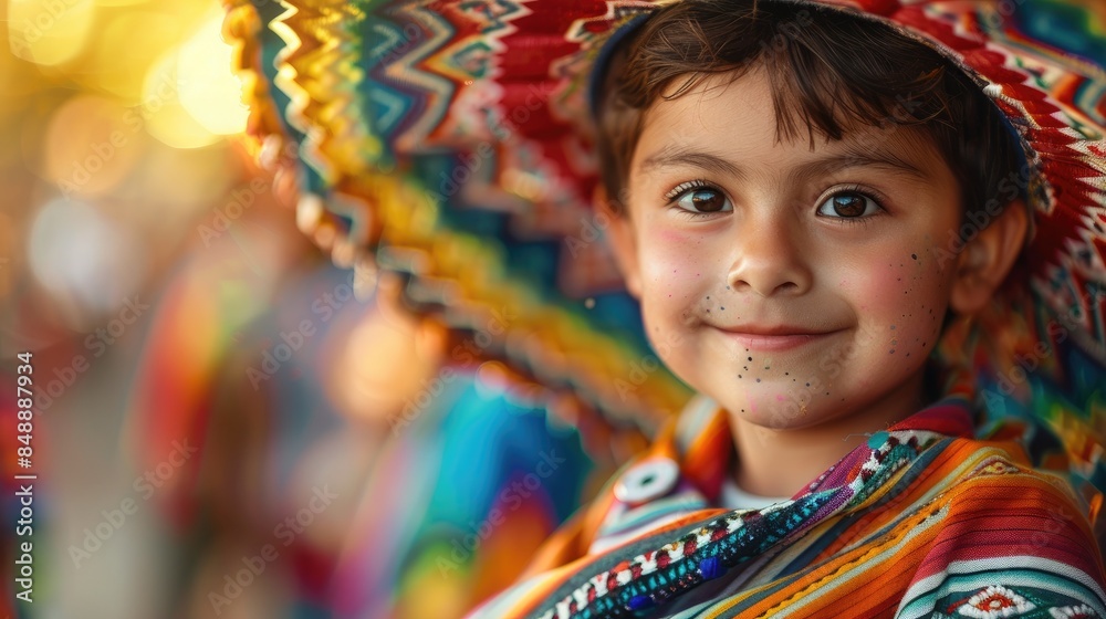 Vivid photo of a Mexican little boy in traditional attire, wearing a colorful sombrero Vivid photo of a Mexican little boy in traditional attire, wearing a colorful sombrero