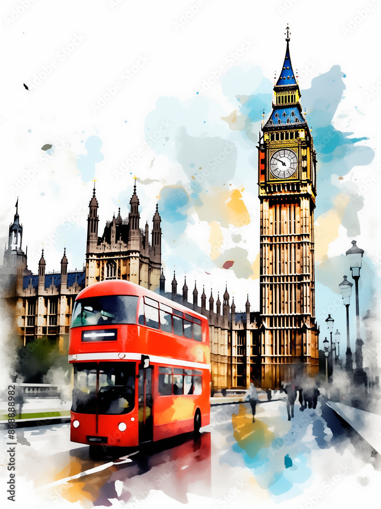 Fototapeta premium London city (Europe) in watercolor style. impressive drawing. illustration. paint. image created with ai. vacation. travel. tourism