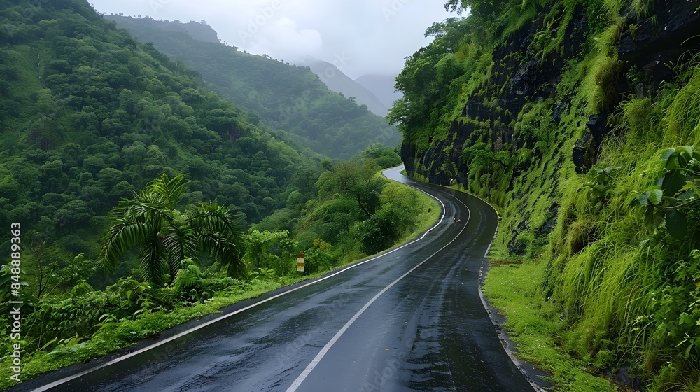 Winding Mountain Road Through Lush Green Tropical Landscape Winding Mountain Road Through Lush Green Tropical Landscape