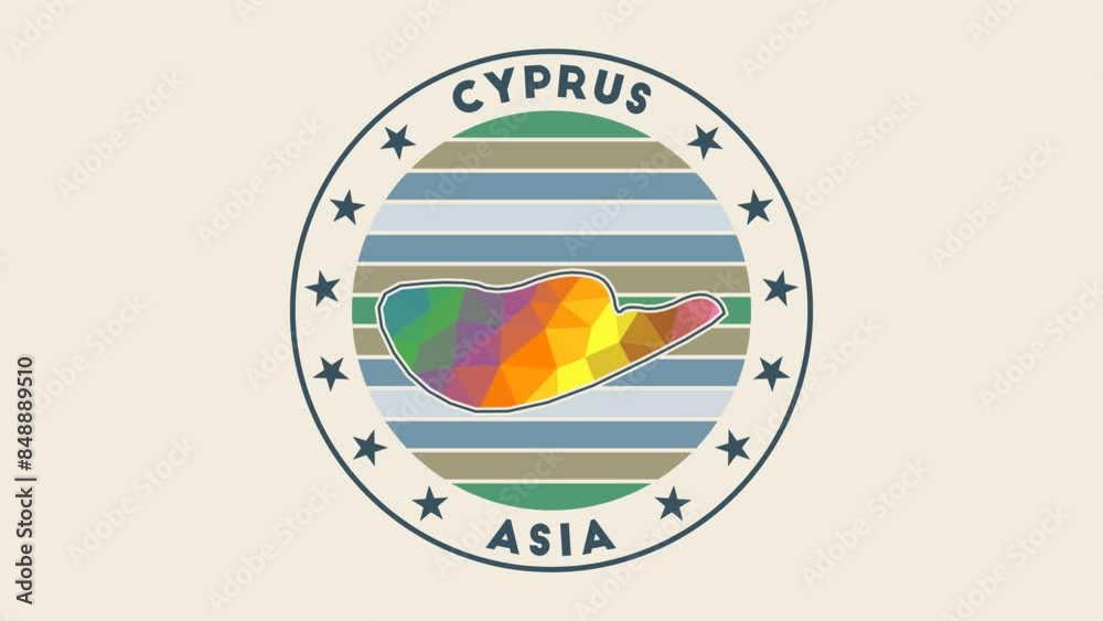 Cyprus intro video featuring a badge with the circular name and map of the country in a low poly tech geometric style. Radiant country round logo animation.