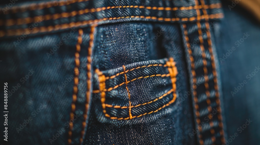 Fototapeta premium Close up of stylish jeans pocket with intricate stitching details and copy space