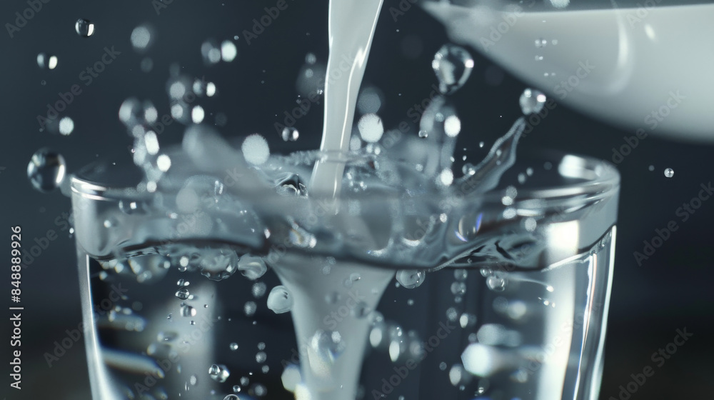 White liquid splashes dynamically into a glass of clear water, capturing the intricate motion and contrasting textures. White liquid splashes dynamically into a glass of clear water, capturing the intricate motion and contrasting textures.