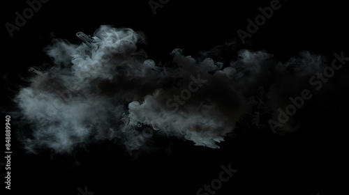 A dark, brooding cloud of smoke floats against a pitch-black background, creating an eerie and dramatic scene.