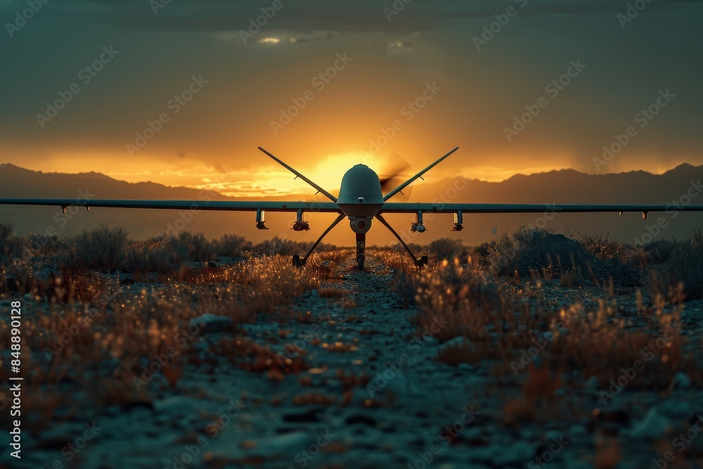 Naklejka premium Drone reconnaissance: unmanned military aircraft patrols above