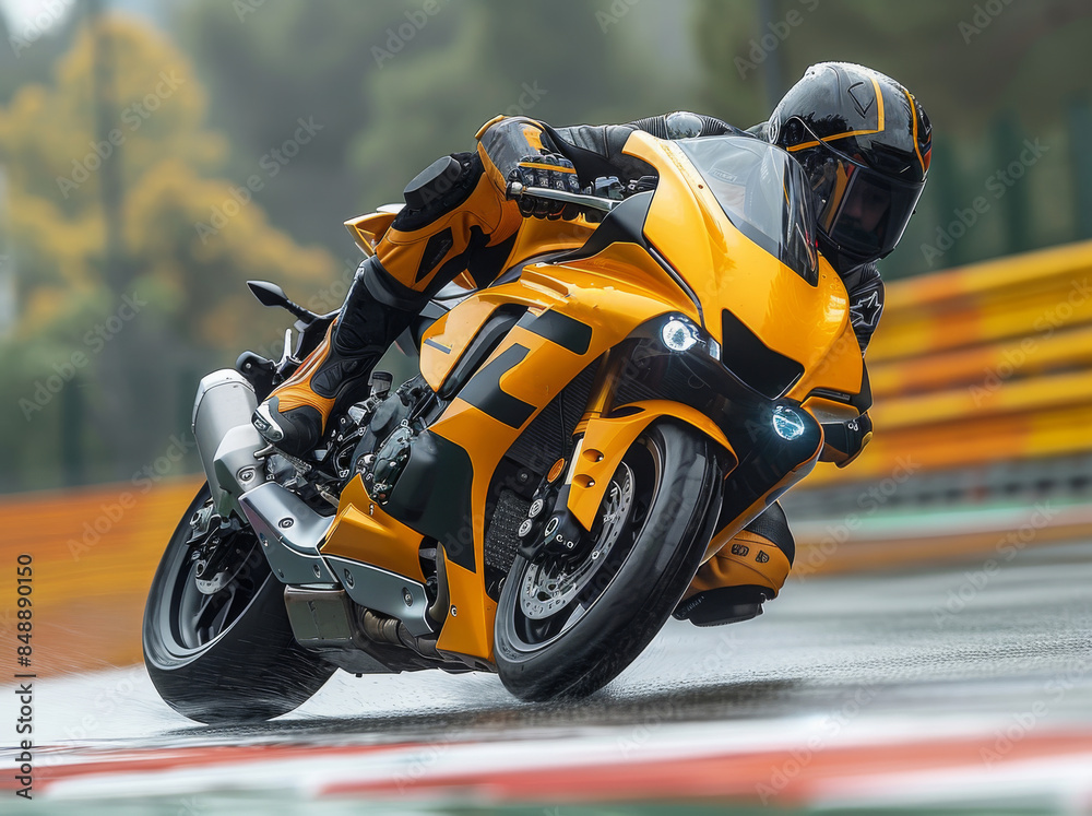 Fototapeta premium Thrilling race: yellow motorcycle speeding on track
