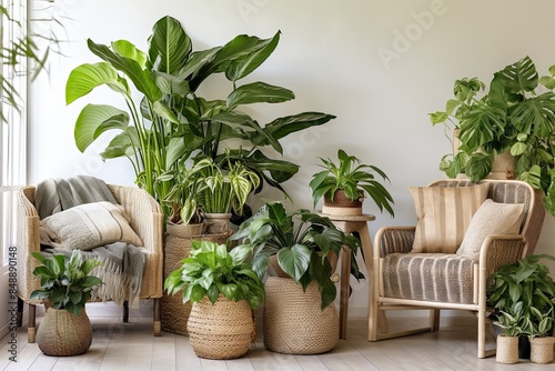 Interior of the living room of a green house, a winter garden, a glazed veranda in eco-style made of natural materials and many homemade potted plants in wicker flowerpot. 