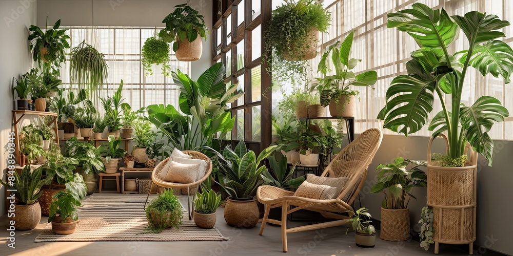 Interior of the living room of a green house, a winter garden, a glazed veranda in eco-style made of natural materials and many homemade potted plants in wicker flowerpot. Interior of the living room of a green house, a winter garden, a glazed veranda in eco-style made of natural materials and many homemade potted plants in wicker flowerpot.