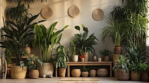 A light wall in the interior of a green house in eco-style made of natural materials and many homemade potted plants in wicker flowerpot. 