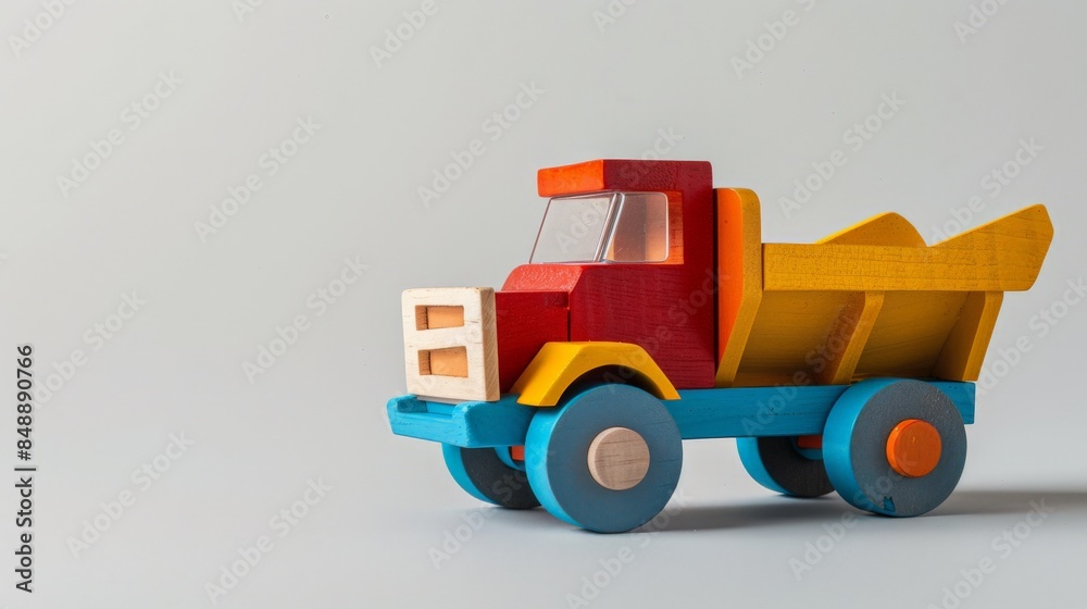 Fototapeta premium A vibrant wooden dump truck toy sits on a light gray surface