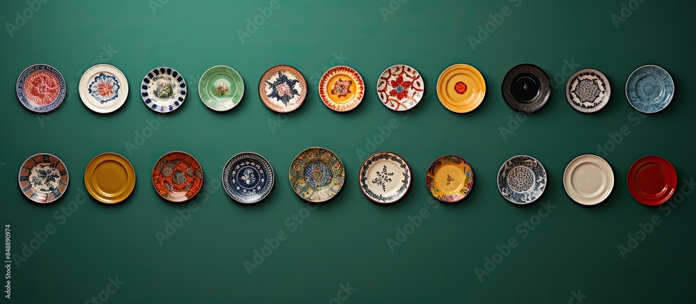 Wall decorated with a collection of ceramic pottery vintage plates showcasing craft products with a copy space image Wall decorated with a collection of ceramic pottery vintage plates showcasing craft products with a copy space image