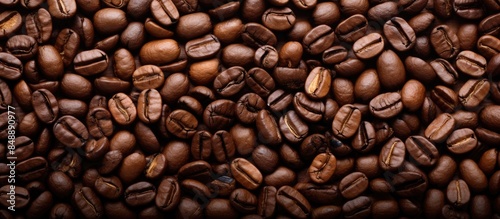 Roasted coffee beans texture is shown in the image with copy space