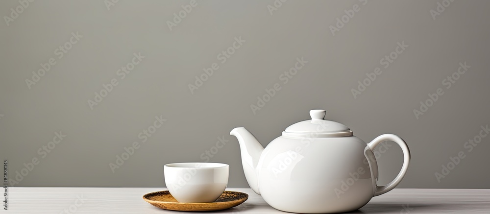 Teapot and two white tea cups with herbal tea representing a tea concept displayed in a copy space image Teapot and two white tea cups with herbal tea representing a tea concept displayed in a copy space image