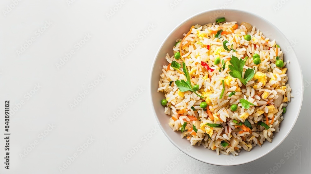 Fried rice against a white backdrop