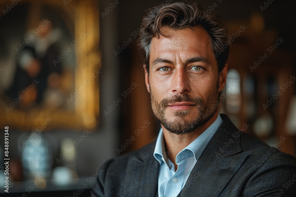 A well-groomed man in a smart suit poses in a classic room with sophisticated décor A well-groomed man in a smart suit poses in a classic room with sophisticated décor