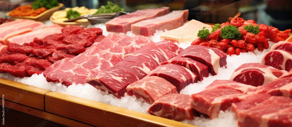 Fresh raw meat displayed in a Chinese market with a copy space image available Fresh raw meat displayed in a Chinese market with a copy space image available
