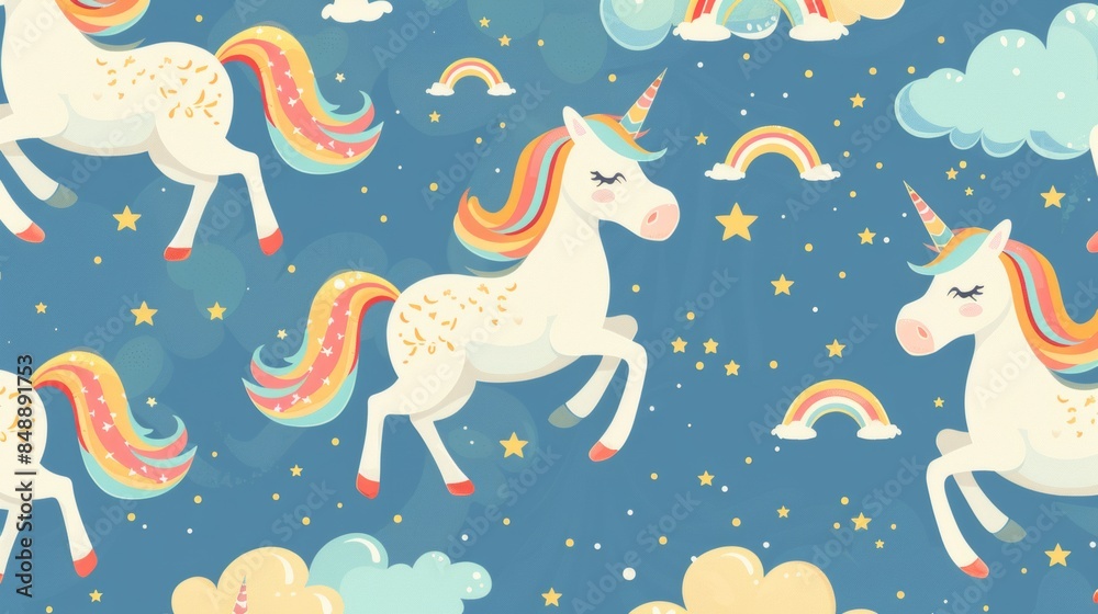 Fototapeta premium Whimsical unicorn and rainbow pattern for kids.