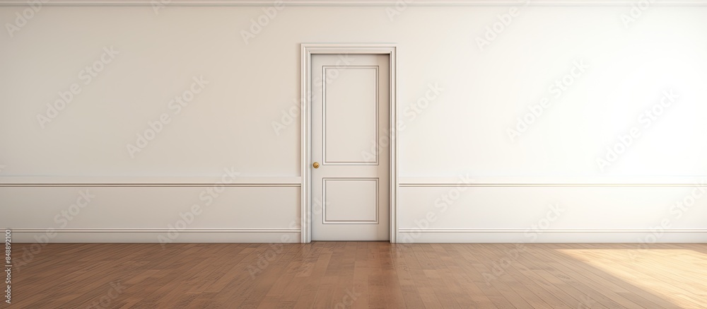 Fototapeta premium A room with wooden floors and white walls featuring an open door to the kitchen with room for text or images. Copy space image. Place for adding text and design