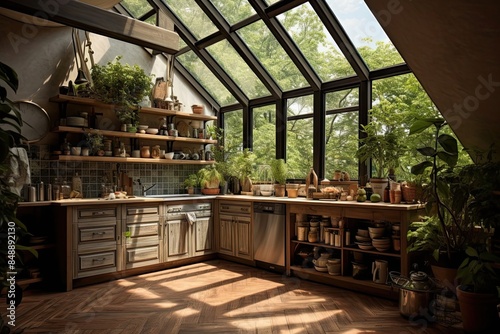 The interior of the loft-style kitchen with lots of green potted plants in attic with a large window. Green house, modern kitchen. 