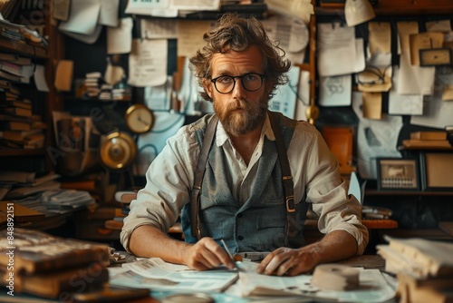 An artist in vintage attire focused on drafting architectural plans amid a cluttered workspace full of papers and books
