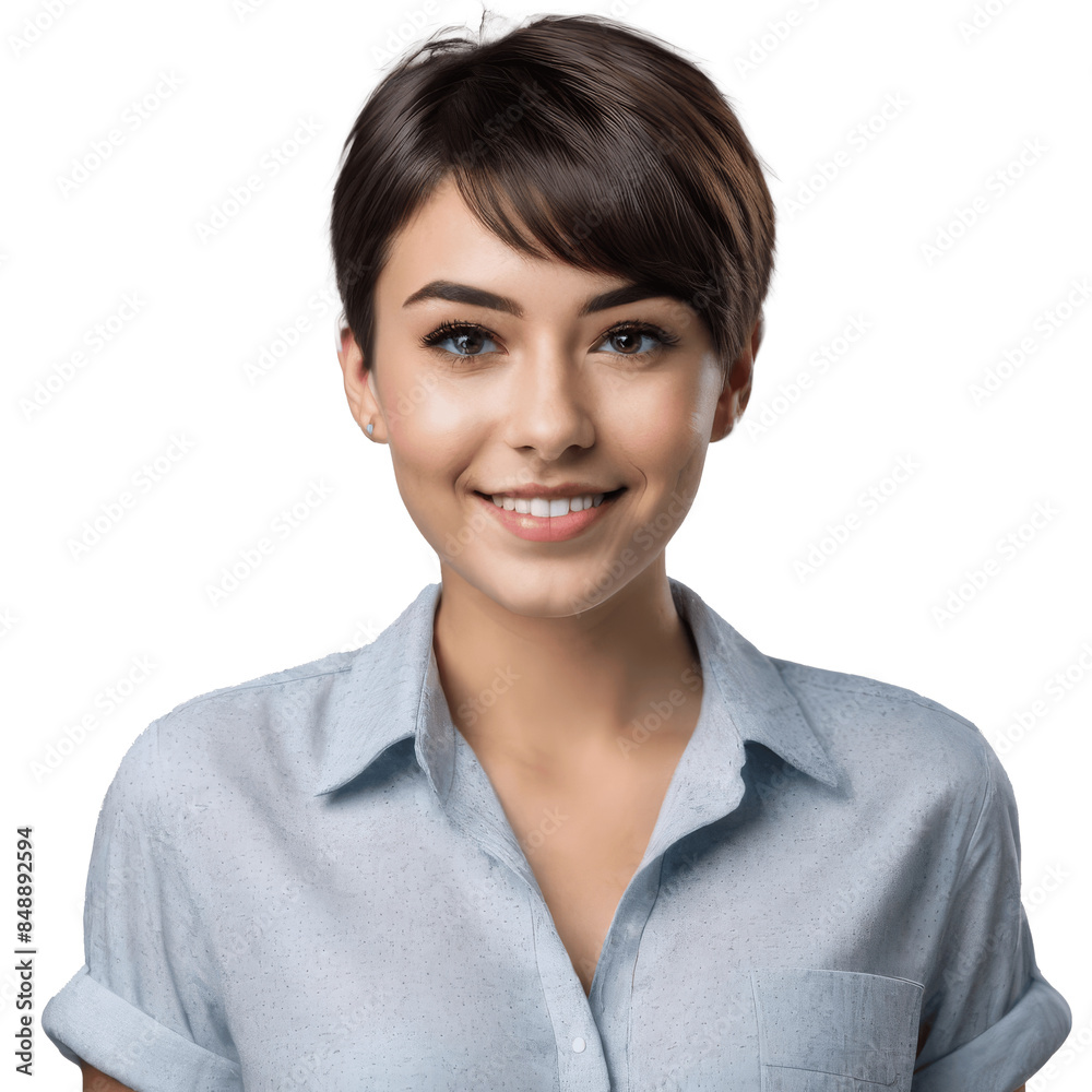 portrait of a smiling woman with short hair in shirt isolated on transparent background portrait of a smiling woman with short hair in shirt isolated on transparent background