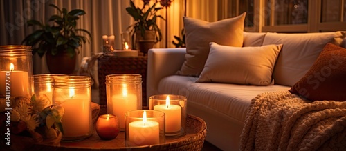 Warm and inviting home interior adorned with lit candles creating a cozy ambiance with copy space image © Ilgun