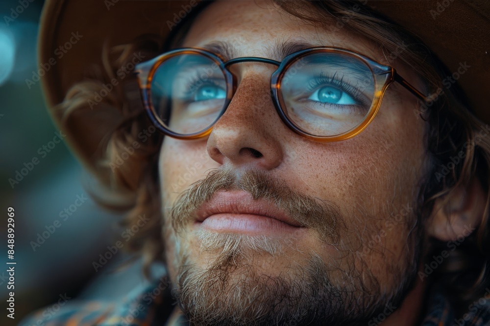 Up-close portrait of a man with a hat and glasses looking up dreamily against a softly blurred background Up-close portrait of a man with a hat and glasses looking up dreamily against a softly blurred background