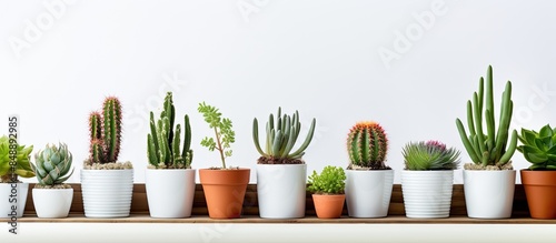 Assorted cacti and succulents in pots displayed on a white shelf against a white wall with a prominent copy space image photo