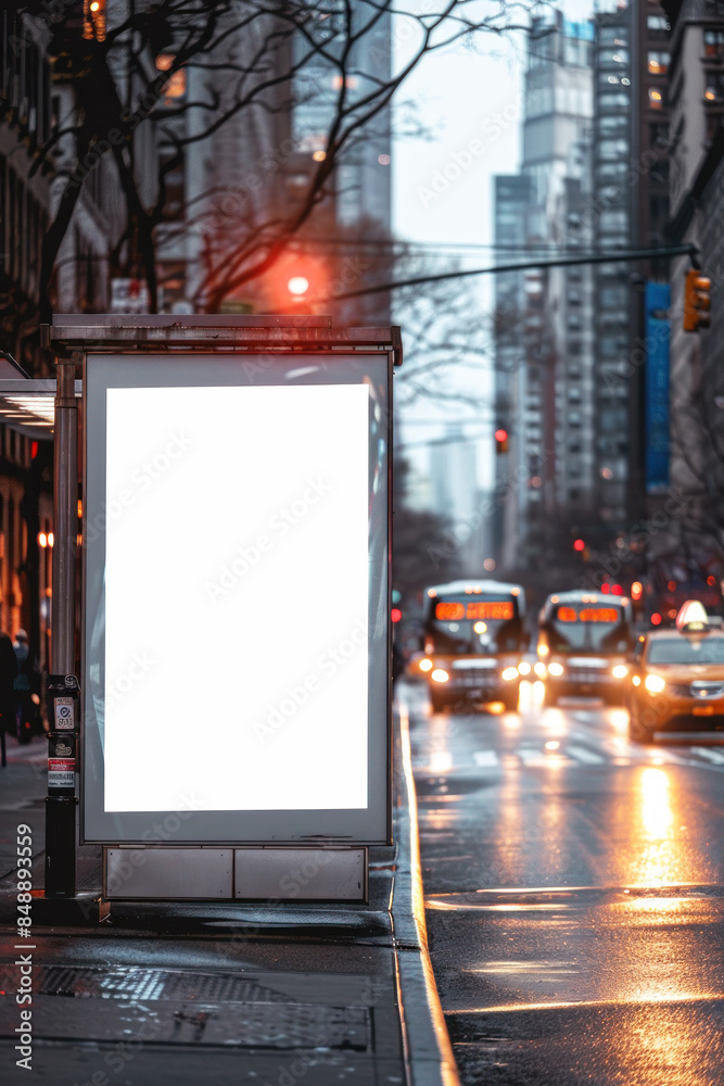 A blank white billboard in the middle of a bustling city street. White mockup. Copy space for your text A blank white billboard in the middle of a bustling city street. White mockup. Copy space for your text