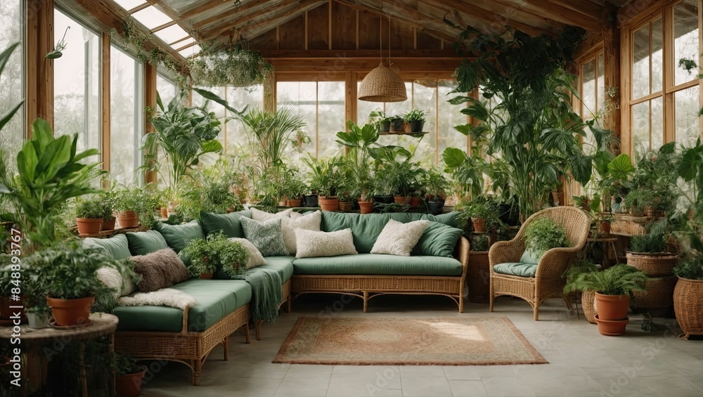 Interior of the living room of a green house, a winter garden, a glazed veranda in eco-style made of natural materials and many homemade potted plants in wicker flowerpot. Interior of the living room of a green house, a winter garden, a glazed veranda in eco-style made of natural materials and many homemade potted plants in wicker flowerpot.