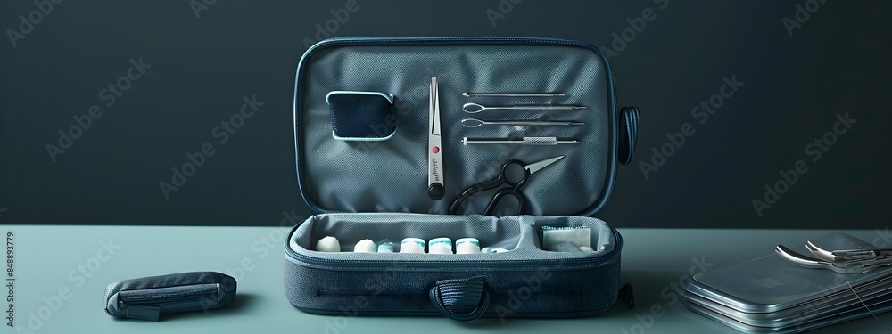 Naklejka premium Compact First Aid Kit with Essential Medical Supplies for Emergency Preparedness