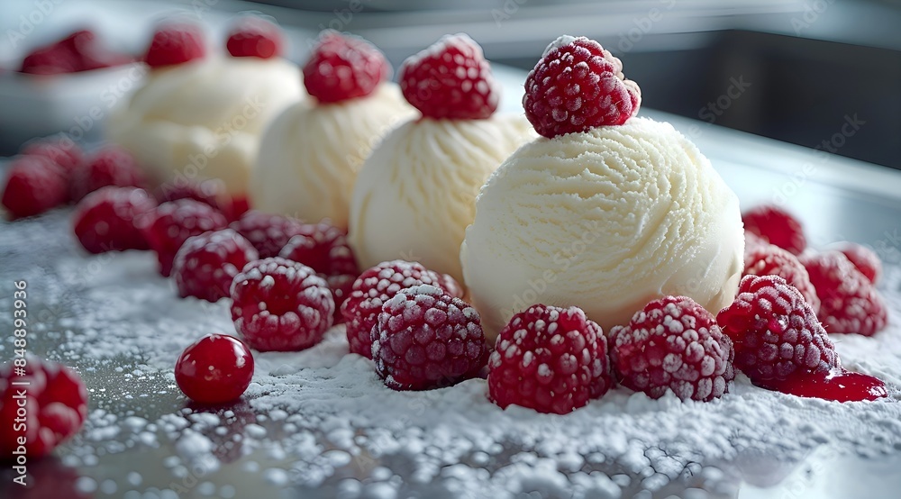 ice cream on a white plate with raspberries and jam, photo from cooking courses ice cream on a white plate with raspberries and jam, photo from cooking courses