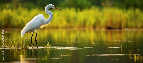 White egret feeding in a Virginia marshland for environmental education wildlife conservation and nature tourism with copy space image