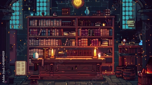 Magical Academy with Pixel Art Spellbooks Potions and Enchanted Objects